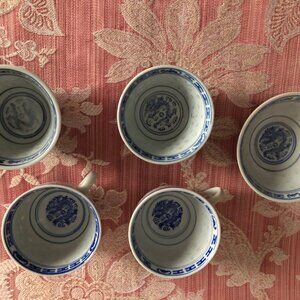 Lot of 5 Vintage Chinese rice eyes grain translucent dragon pattern cups & bowl